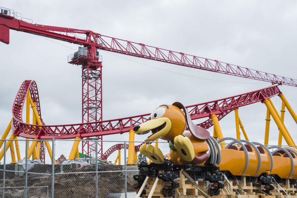 The first Slinky Dog Dash ride vehicle arrives on the site of Toy Story Land at Disney's Hollywood Studios in Lake Buena Vista, Fla. Slinky Dog Dash is a brand-new family coaster coming to the all-new Toy Story Land, opening summer 2018. Inspired by the playful dachshund spinoff of Slinky¨, the classic American toy, Slinky¨ Dog Dash will send riders dipping, dodging and dashing around turns and drops that Andy has created to stretch Slinky¨ and his coils to the max. (Steven Diaz, photographer)